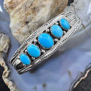NE Begaye Native American Sterling Silver Turquoise Row Bracelet For Women